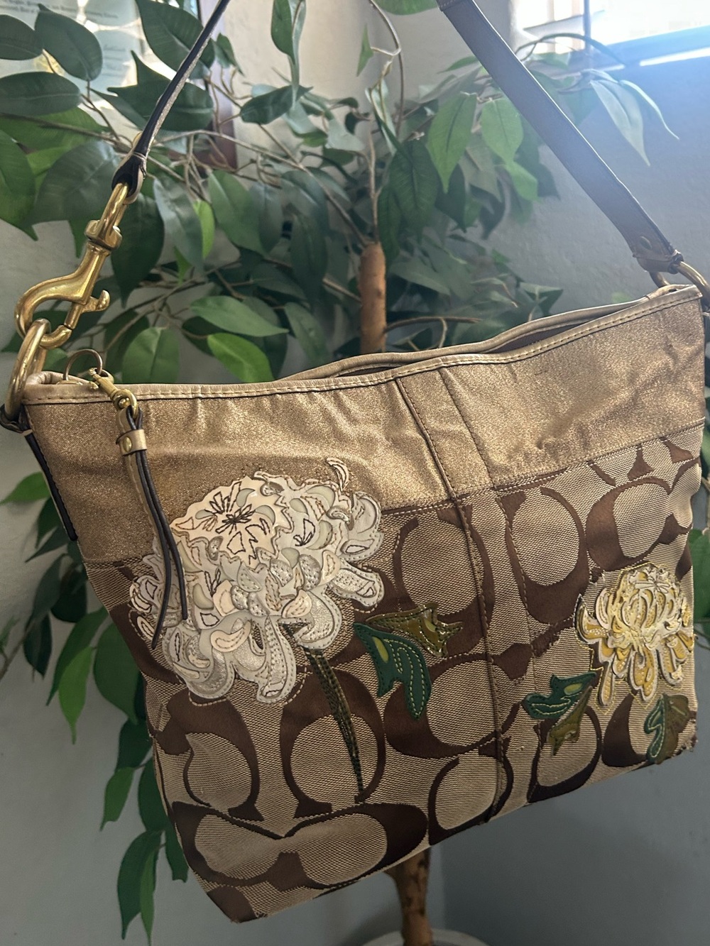 Coach Signature Floral Appliqué Shoulder Bag in Gold and Brown